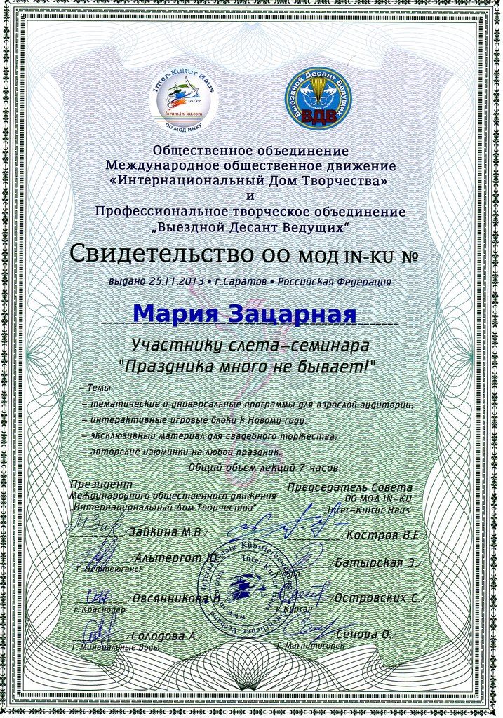 Свидетельство участника слёта-семинара Праздника много не бывает Маша Зацарная